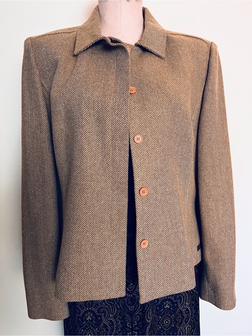 Ann Taylor Tan Herringbone Button-Front Blazer